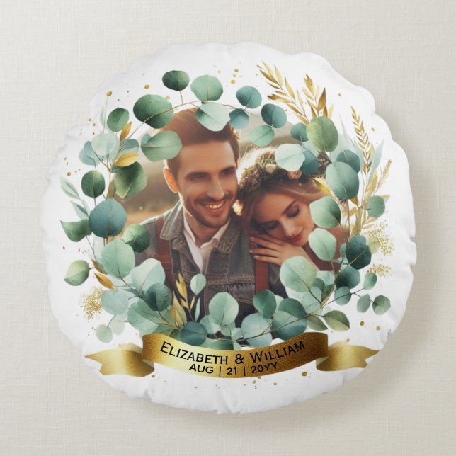 Coussins Ronds PHOTO Mariage Merci Eucalyptus Feuille Cadeau (Devant)