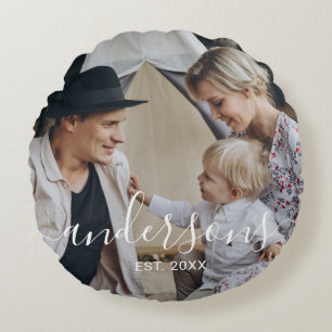 Coussins Ronds Photo personnalisé avec nom de famille et année de