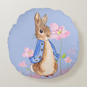 Coussins Ronds Pierre le lapin aux fleurs roses