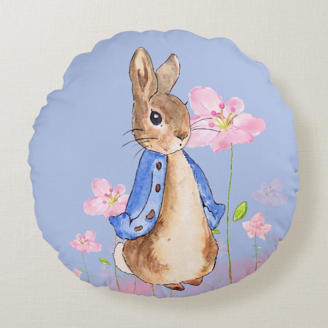 Coussins Ronds Pierre le lapin aux fleurs roses (Devant)