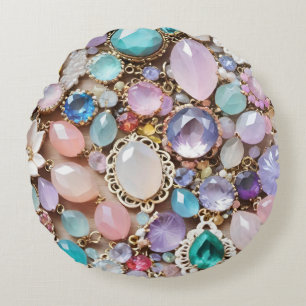 Coussins Ronds Pierres précieuses et bijoux pastel en roses et vi