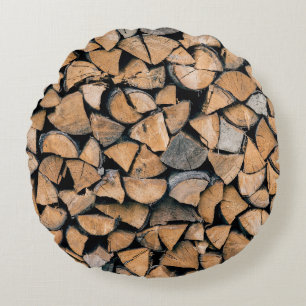 Coussins Ronds Pile de bois de chauffage brun