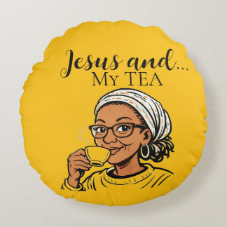 Coussins Ronds Pillow depicting Jesus and My Tea