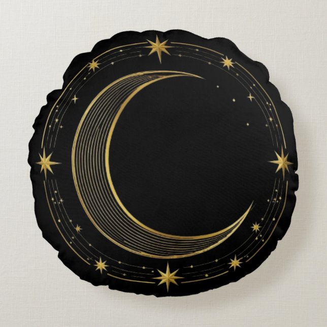 Coussins Ronds Pillow Round Luxury Black Gold Celestial Moon (Devant)