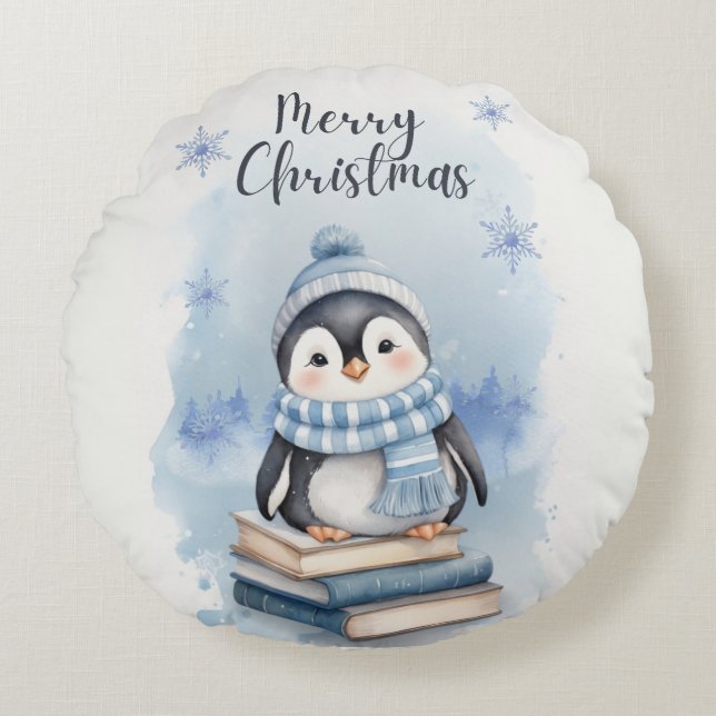 Coussins Ronds Pingouin de Noël aquarelle (Devant)