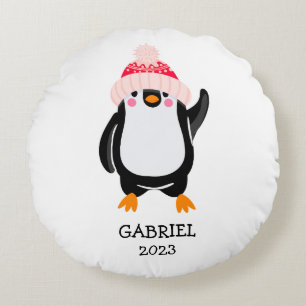 Coussins Ronds Pingouin de Noël mignon personnalisé en Casquette 