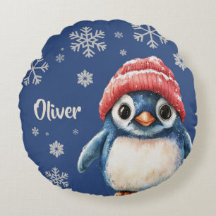 Coussins Ronds Pingouin de Noël personnalisé Flocon de neige