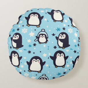 Coussins Ronds Pingouins Kawaii Avec Des Flammes De Neige Hiver S