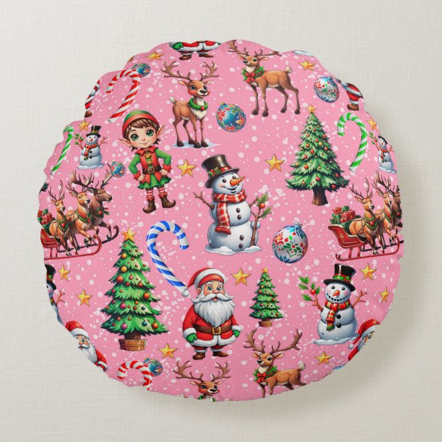 Coussins Ronds Pink Background Christmas Decorative Pattern (Devant)