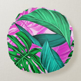 Coussins Ronds Pink et Feuilles verts tropicaux