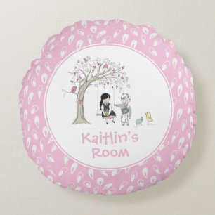 Coussins Ronds Pink Girly Kids Bird Tree Swing Personnalisé
