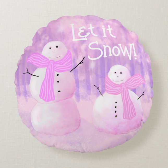 Coussins Ronds Pink Holiday Snowman Round Jeu d'oreiller (Devant)