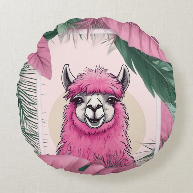 Coussins Ronds Pink Joyeux Lama souriant (Devant)