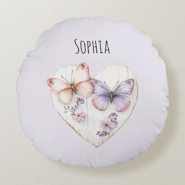 Coussins Ronds Pink Lavender Floral Heart Butterflies Birthday (Devant)