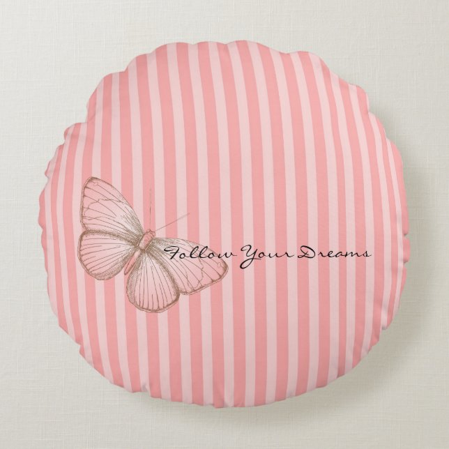 Coussins Ronds Pink Stripes with Butterfly (Devant)
