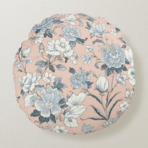 Coussins Ronds Pivoines bleues Pêche Botanique Floral Vintage