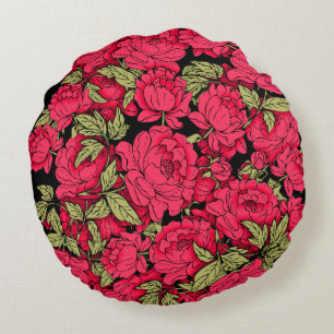 Coussins Ronds Pivoines rouges avec feuilles dorées