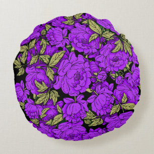 Coussins Ronds Pivoines violettes avec feuilles dorées