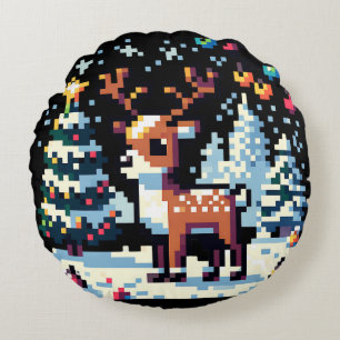 Coussins Ronds Pixel Art Reindeer à Noël de neige