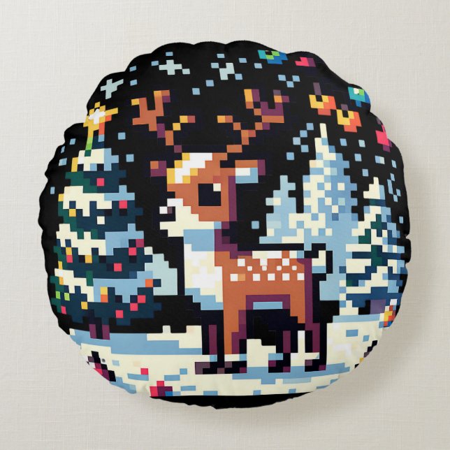 Coussins Ronds Pixel Art Reindeer à Noël de neige (Devant)