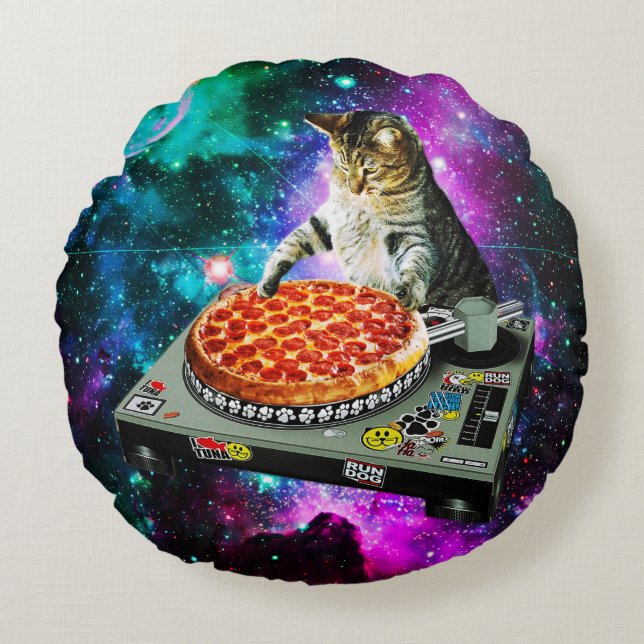 Coussins Ronds Pizza de chat du DJ de l'espace (Devant)