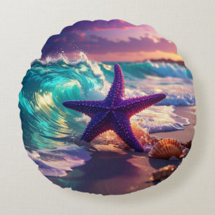 Coussins Ronds Plage océanique avec étoile de mer violette