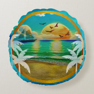 Coussins Ronds Plage Tropicale Moderne Palmiers Coucher de Soleil