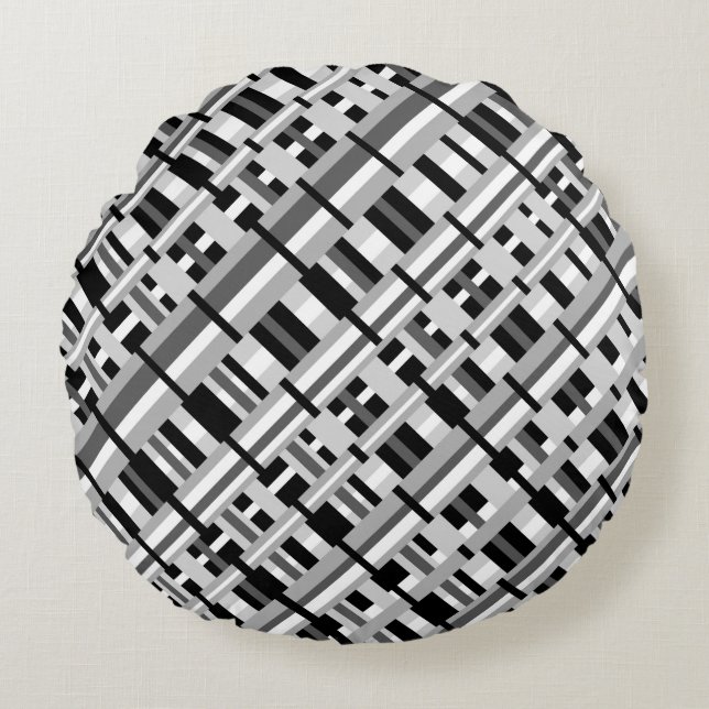 Coussins Ronds Plaid en noir blanc et gris diagonal (Devant)