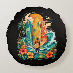 Coussins Ronds Planche de surf Hawaï vague plage surfeur vintage