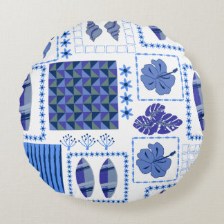 Coussins Ronds Planche de surf tropicale bleue motif hibiscus