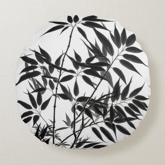 Coussins Ronds Plante de bambou noir et blanc (Devant)