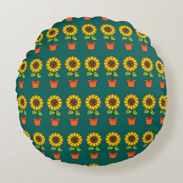 Coussins Ronds Plante de tournesol Kawaii dans un pot (Devant)