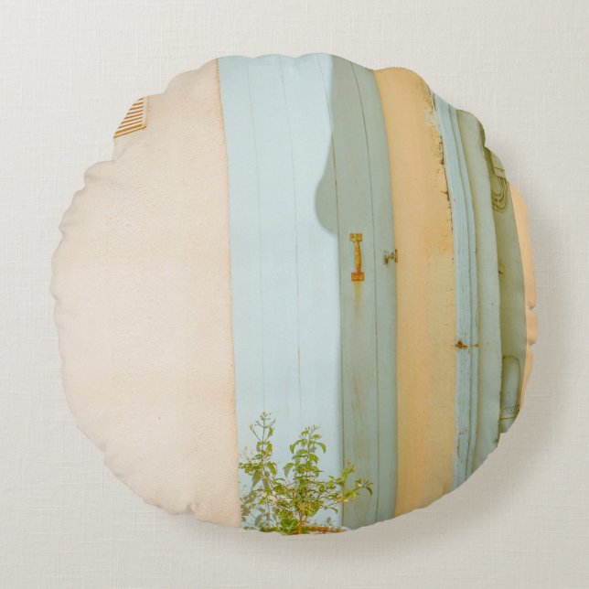 COUSSINS RONDS PLANTE VERT AVEC VASE CÉRAMIQUE À CÔTÉ DU BOIS BLA (Devant)