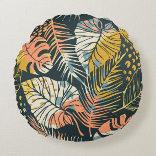 Coussins Ronds Plantes tropicaux : motif artistique abstrait.