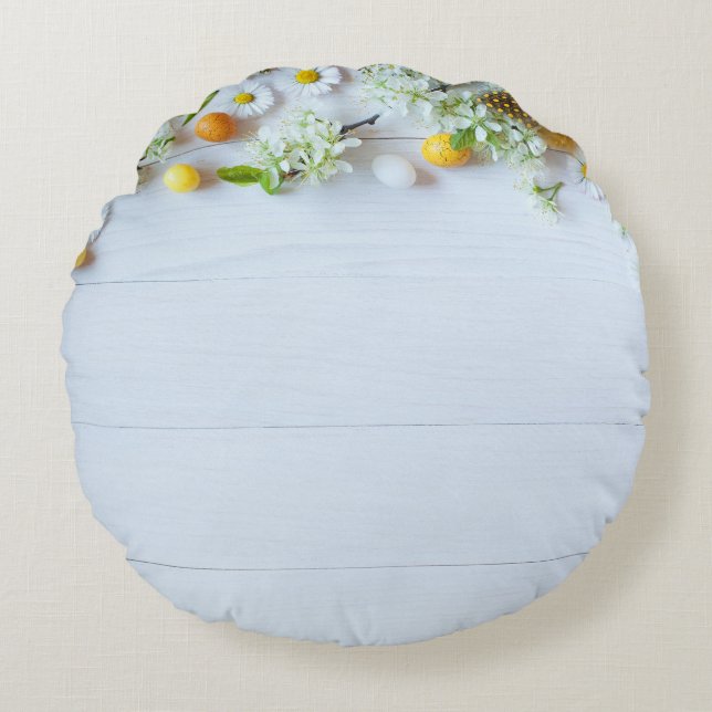 Coussins Ronds Plum de cerisier de Pâques : Oeufs Jaunes. (Devant)