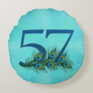 Coussins Ronds Plume de paon pour 57e anniversaire ou anniversair