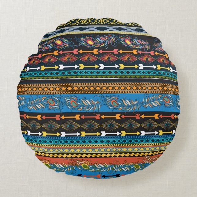Coussins Ronds Plumes ethniques : Broderie Boho Chic (Devant)