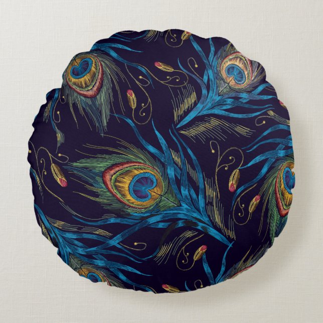 Coussins Ronds Plumes Peacock Motif sans soudure (Devant)