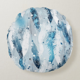 Coussins Ronds Plumes tombantes : Aquarelle bleue sans joint