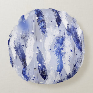 Coussins Ronds Plumes tombantes : motif bleu aquarelle.
