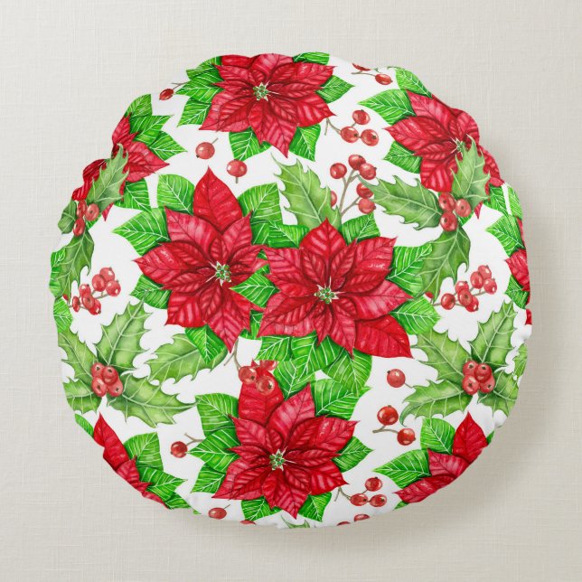 Coussins Ronds Poinsettia et la couleur de l'eau de la baie saint (Devant)