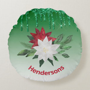 Coussins Ronds Poinsettias et gouttes de Parties scintillant vert