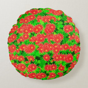 Coussins Ronds Poinsettias rouges et Holly vertes