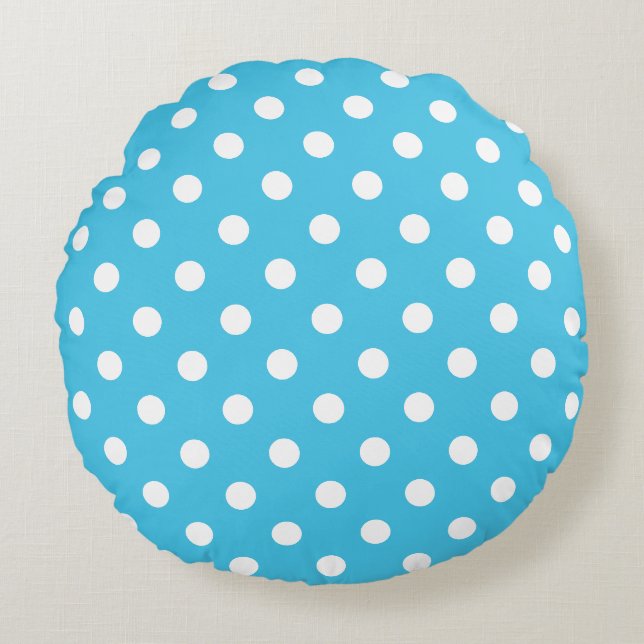 Coussins Ronds Points blancs sur un oreiller rond bleu aqua (Devant)