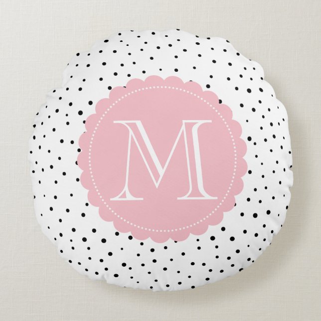 Coussins Ronds Points Confetti Noir & Blanc Monogramme Blush rond (Devant)