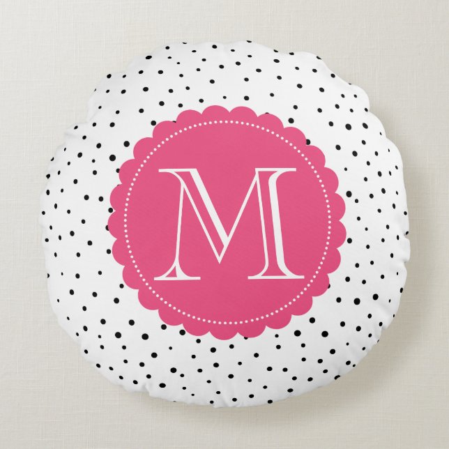 Coussins Ronds Points Confetti noirs et blancs Monogramme rose ch (Devant)