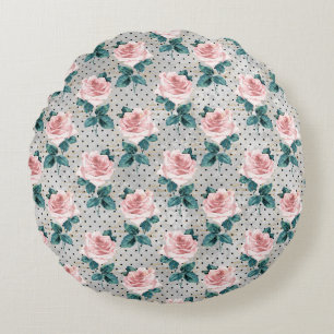 Coussins Ronds Points floraux gris-bleu rose rose