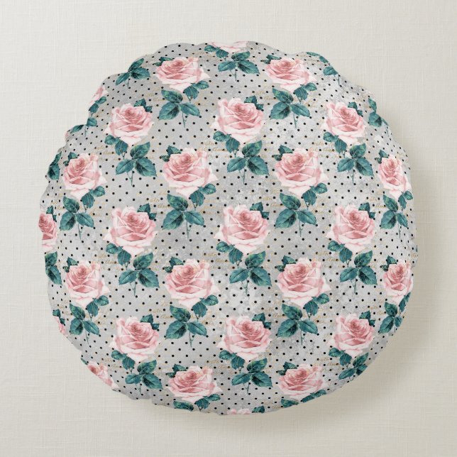 Coussins Ronds Points floraux gris-bleu rose rose (Devant)