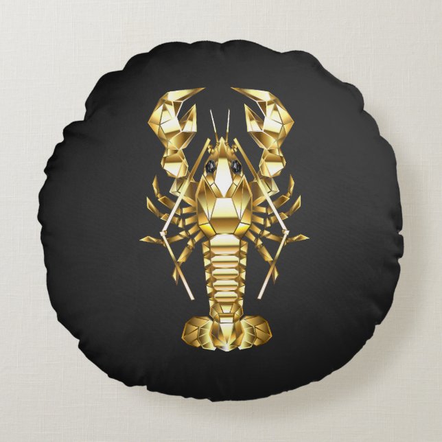 Coussins Ronds Poisson à langouste polygonale dorée sur noir (Devant)