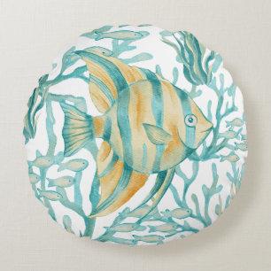 Coussins Ronds Poisson aquarelle angelfish sarcelle